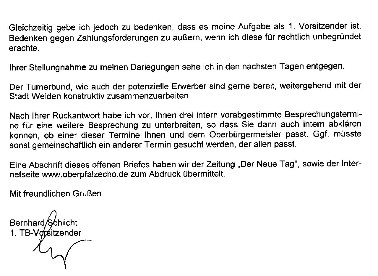 Brief-Offener Brief Turnerbaund Bernhard Schlicht an Stadt Cornelia Taubmann Weiden