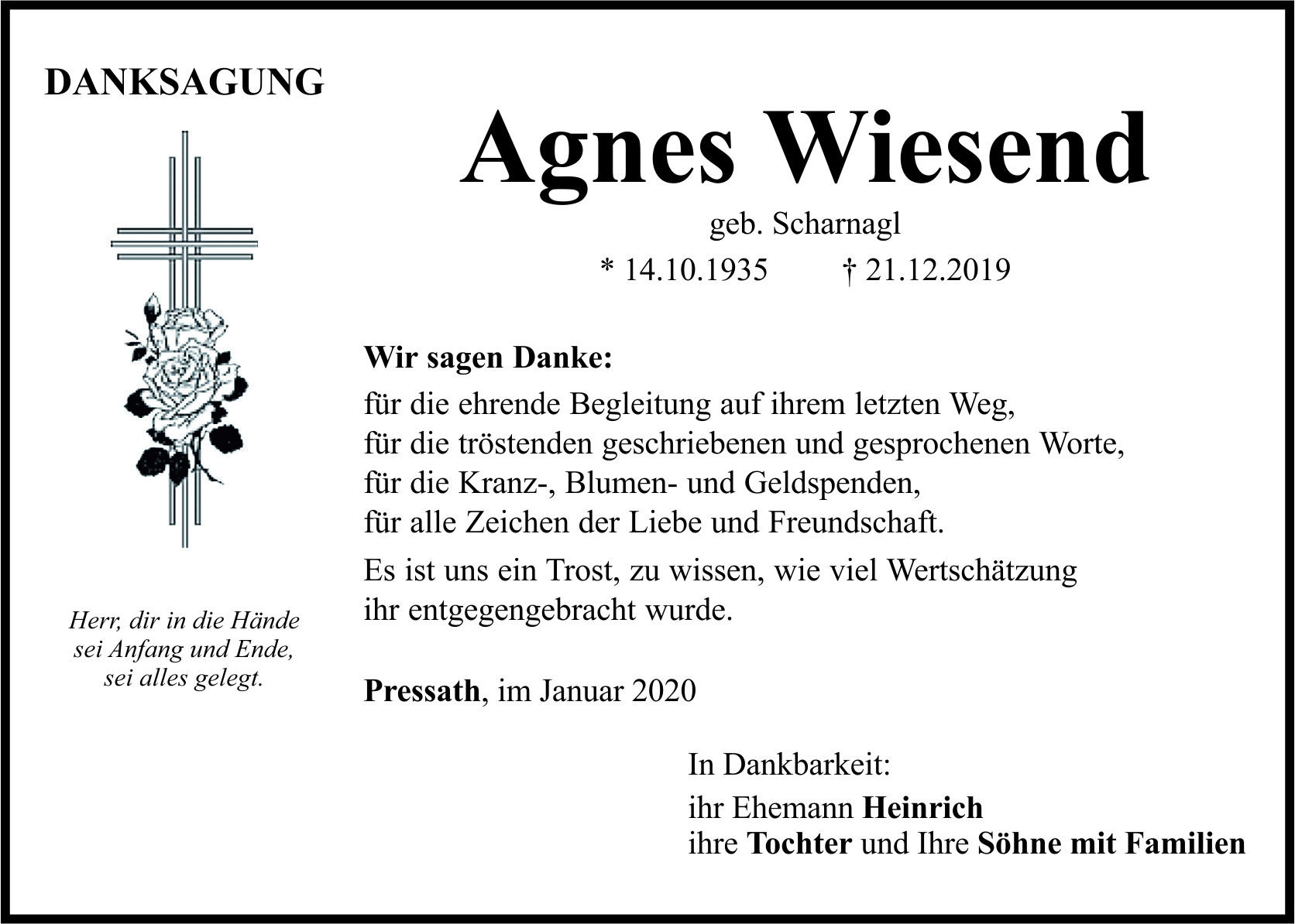 Danksagung Agnes Wiesend, Pressath