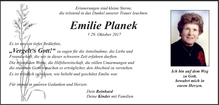 Danksagung Emilie Planek, Ullersricht