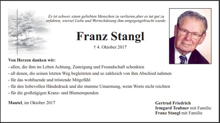 Danksagung Franz Stangl Mantel