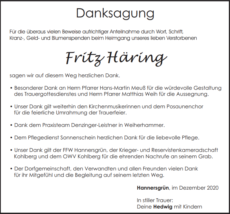 Danksagung Fritz Häring, Hannersgrün