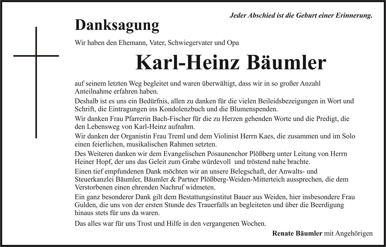 Danksagung Karl-Heinz Bäumler Plößberg