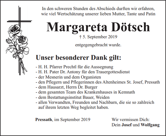 Danksagung Margareta Dötsch Pressath