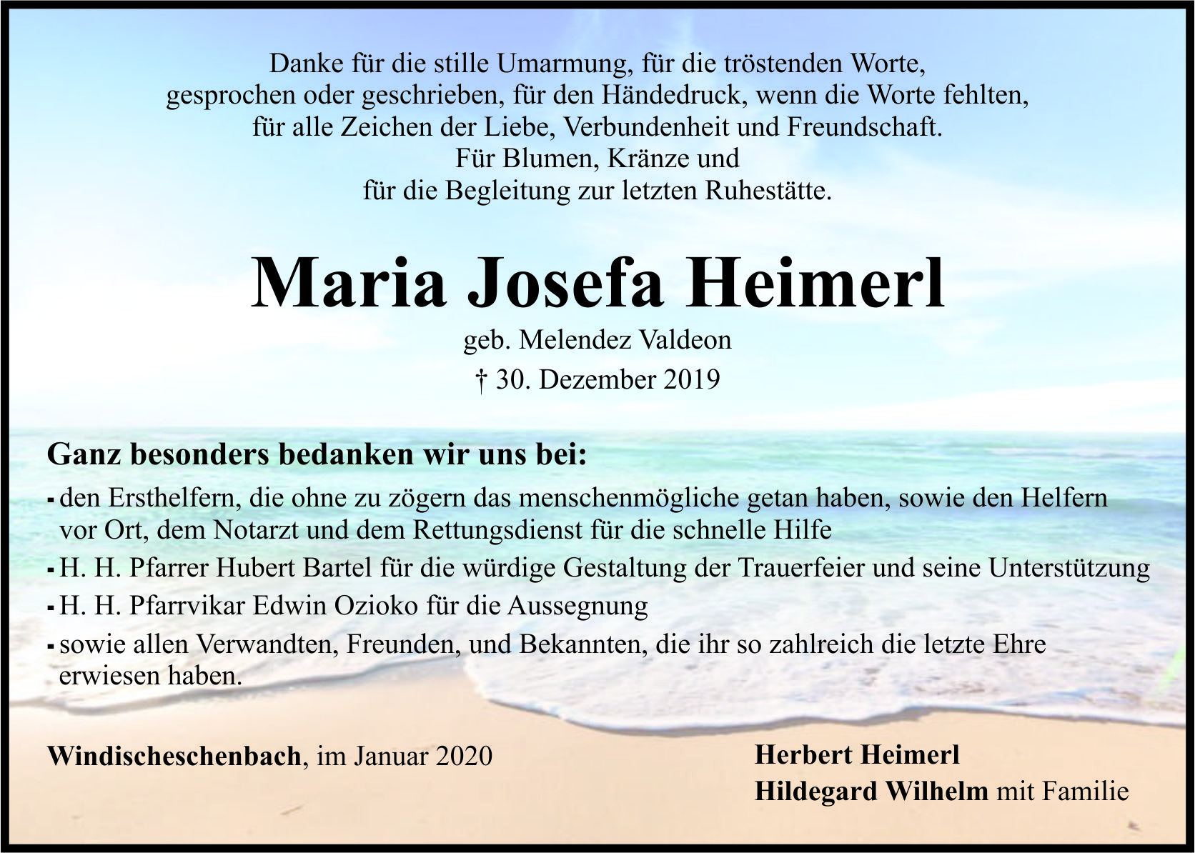 Danksagung Maria Josefa Heimerl, Windischeschenbach