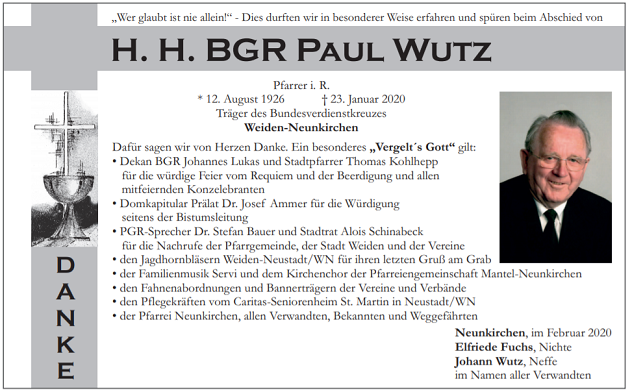 Danksagung Paul Wutz Weiden Neunkirchen