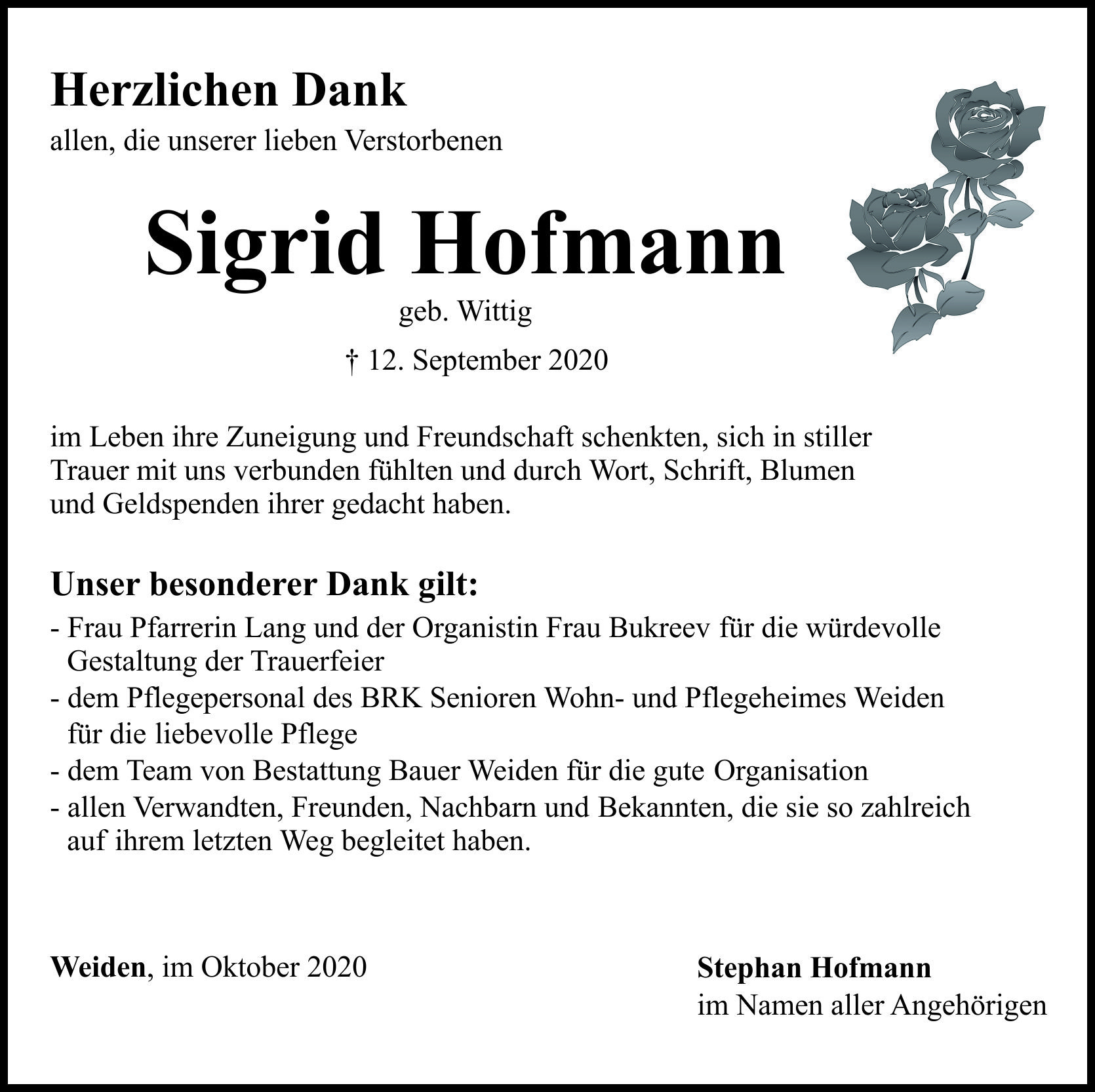 Danksagung Sigrid Hofman, Weiden