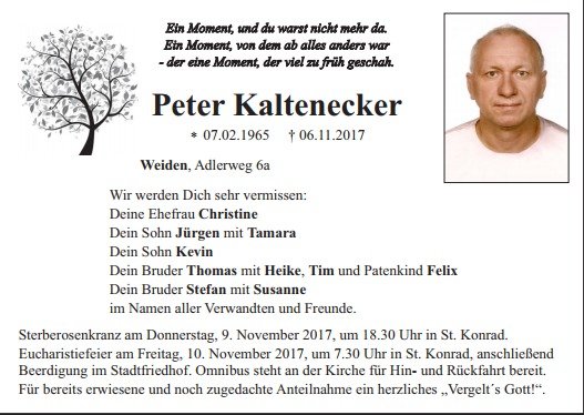 Traueranzeige Peter Kaltenecker Weiden