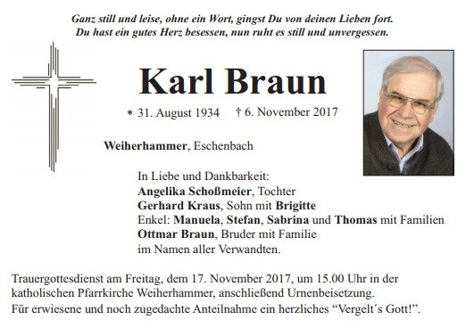 Traueranzeige Karl Braun Weiherhammer