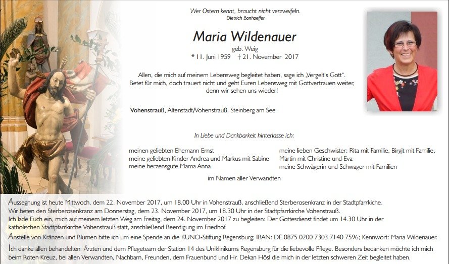 Traueranzeige Maria Wildenauer Altenstadt/Vohenstrauß