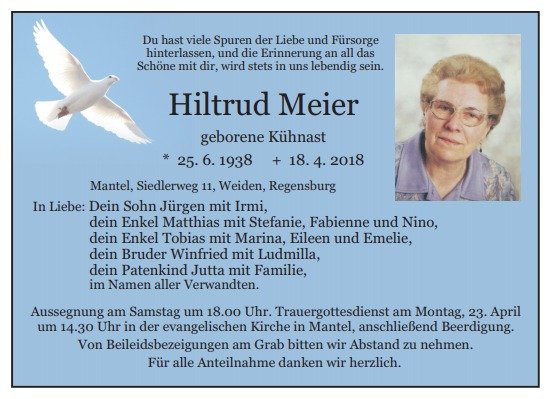 Traueranzeige Hiltrud Meier Mantel