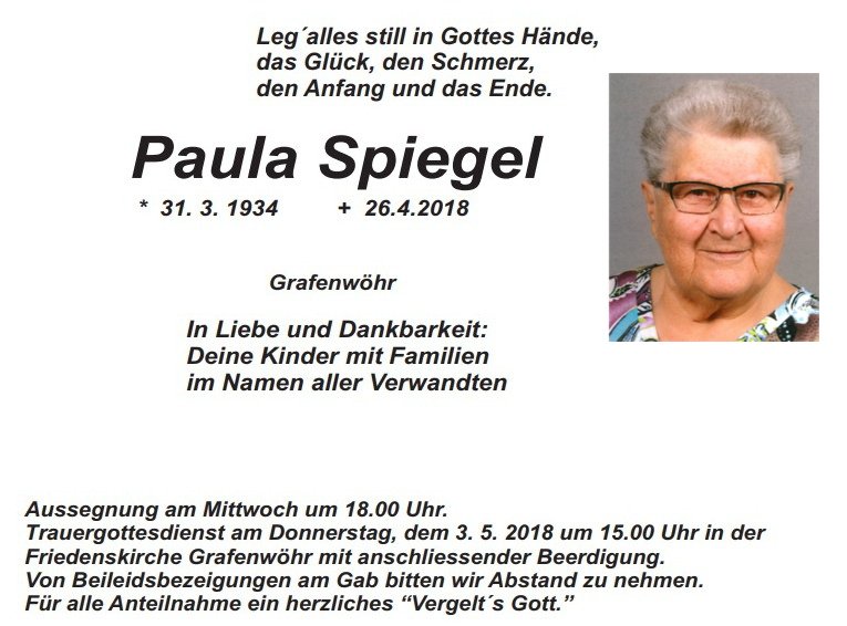 Traueranzeige Paula Spiegel Grafenwöhr