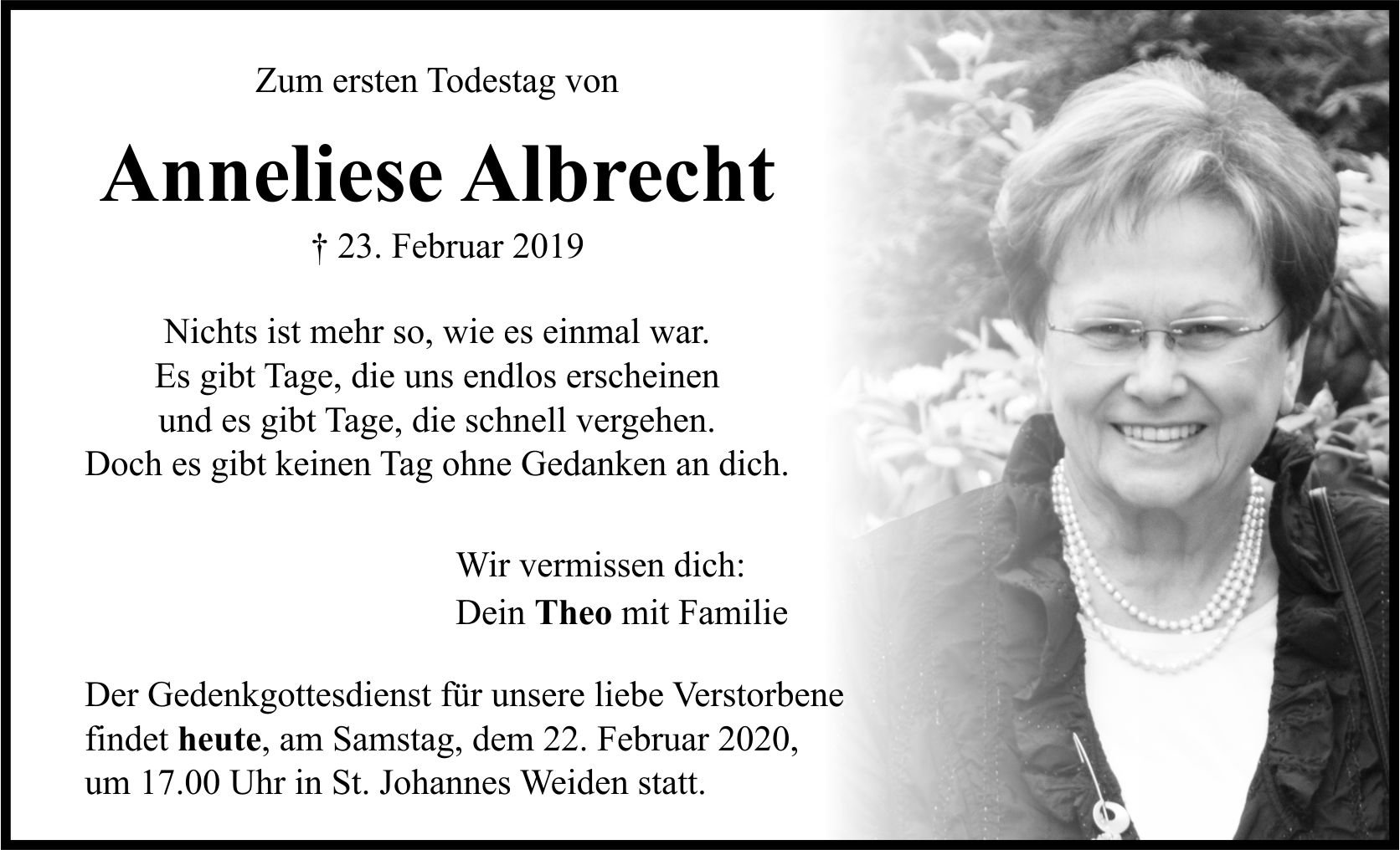 Gedenkanzeige Anneliese Albrecht, Weiden