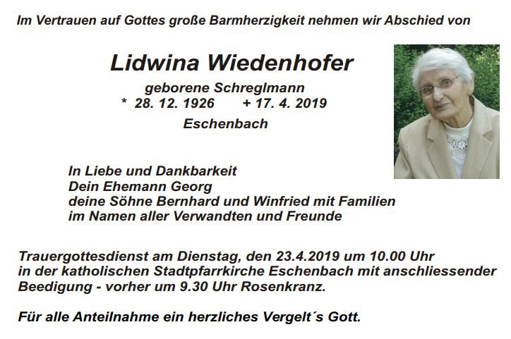 Lidwina Wiedenhofer Traueranzeige Eschenbach