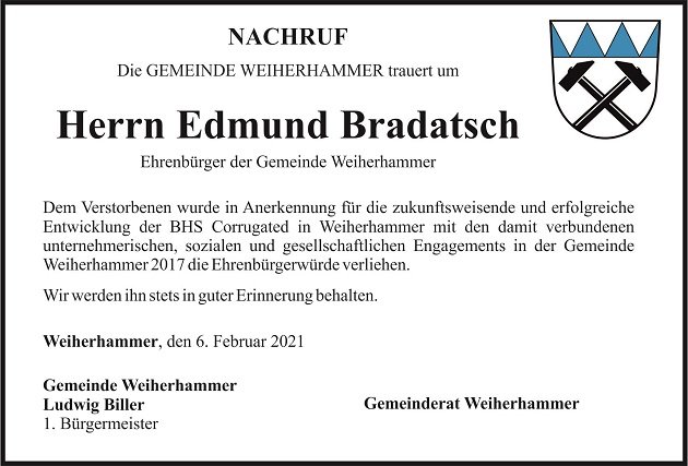 Nachruf Edmund Bradatsch Weiden Gemeinde Weiherhammer