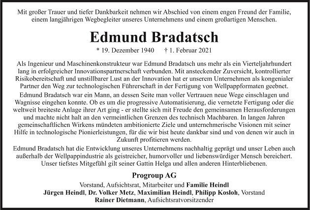 Nachruf Edmund Bradatsch Weiden Progroup AG