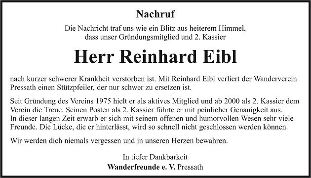 Nachruf Reinhard Eibl Pressath