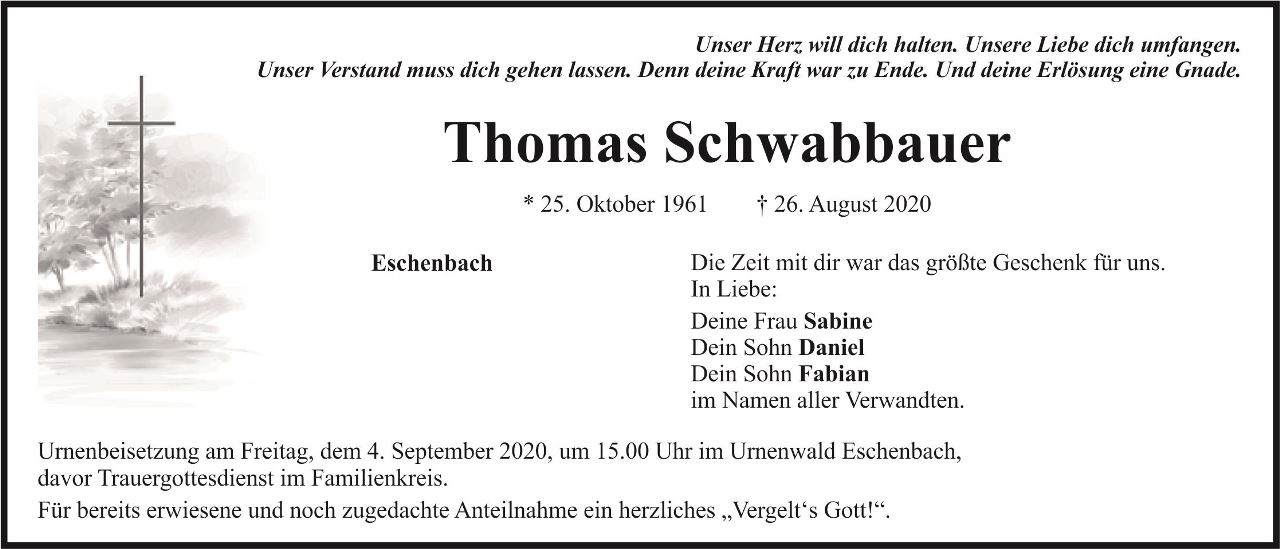 Neue TA Traueranzeige Thomas Schwabbauer, Eschenbach