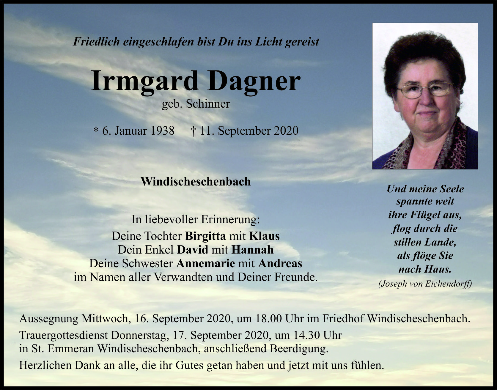 Traueranzeige Irmgard Dagner, Windischeschenbach