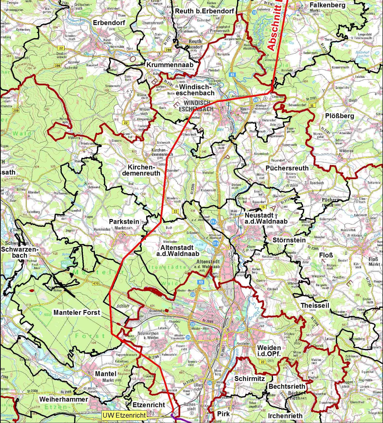 Der geplante Verlauf des Ostbayernrings in Landkreis Neustadt (Quelle: Tennet)
