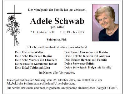 Traueranzeige Adele Schwab Schirmitz 400x300