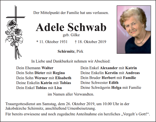 Traueranzeige Adele Schwab Schirmitz