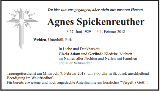 Traueranzeige Agnes Spickenreuther Weiden