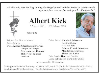 Traueranzeige Albert Kick, Schirmitz 400 300