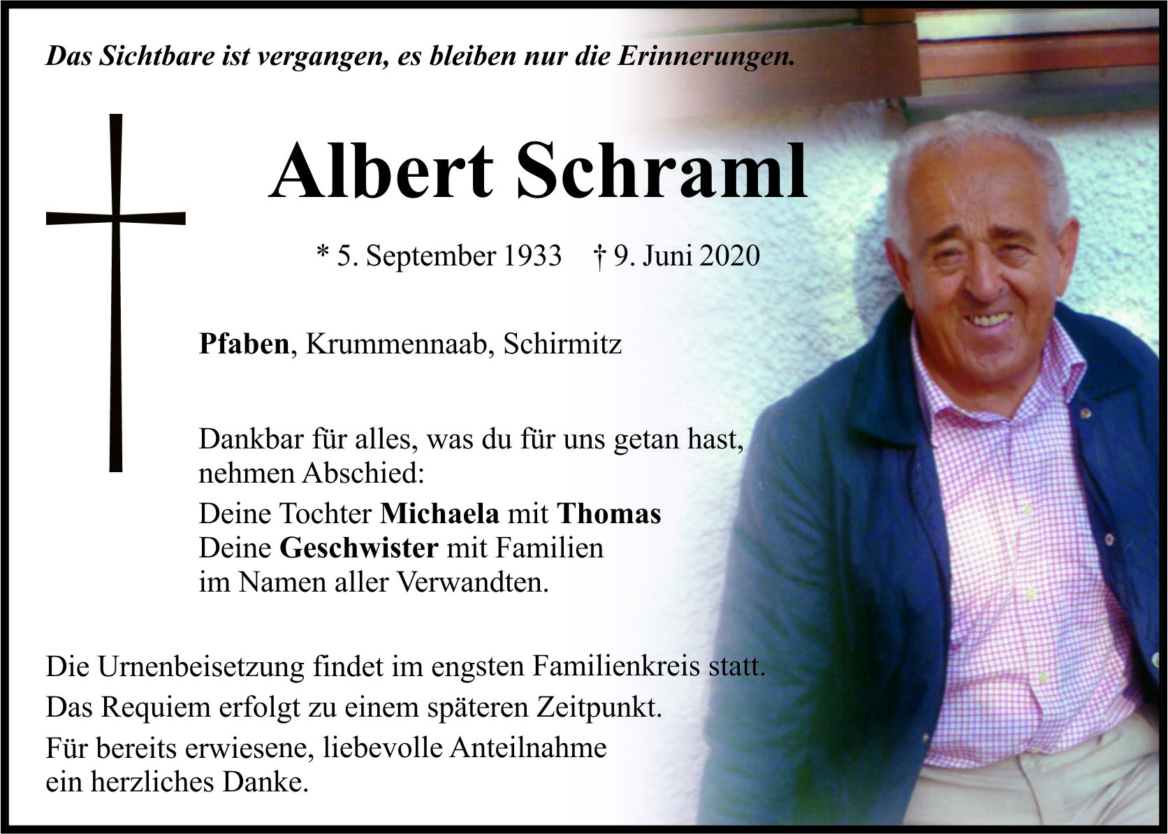 Traueranzeige Albert Schraml