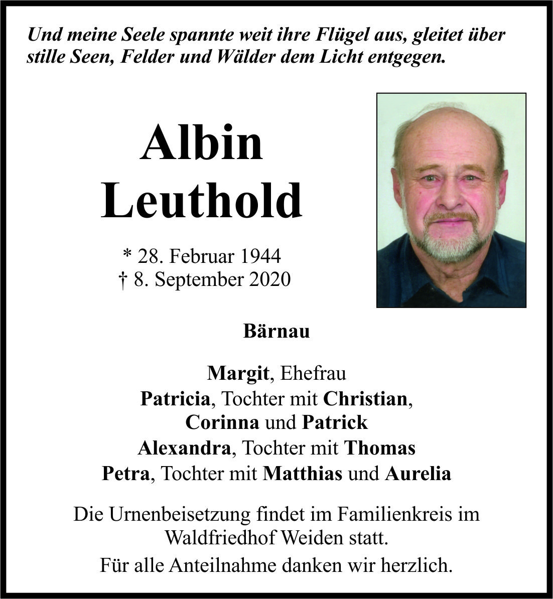 Traueranzeige Albin Leuthold, Bärnau