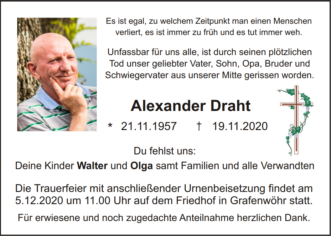 Traueranzeige Alexander Draht, Grafenwöhr