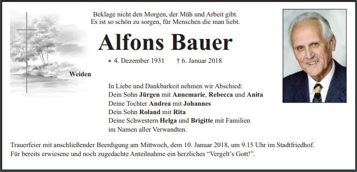 Traueranzeige Alfons Bauer Weiden