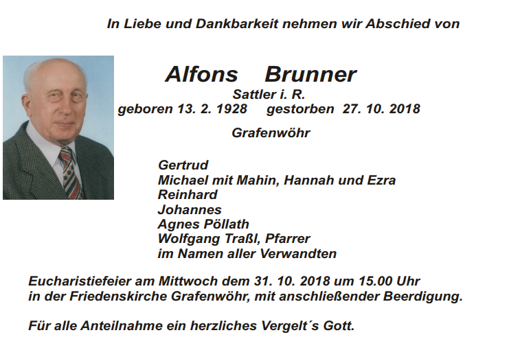 Traueranzeige Alfons Brunner Grafenwöhr