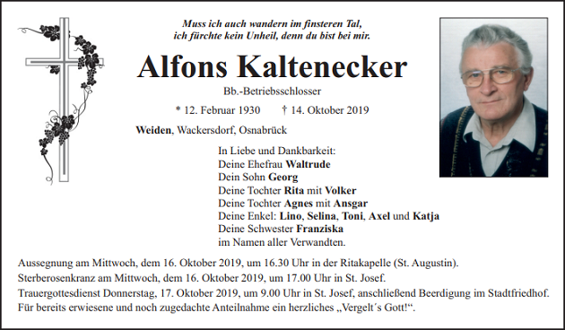 Traueranzeige Alfons Kaltenecker Weiden