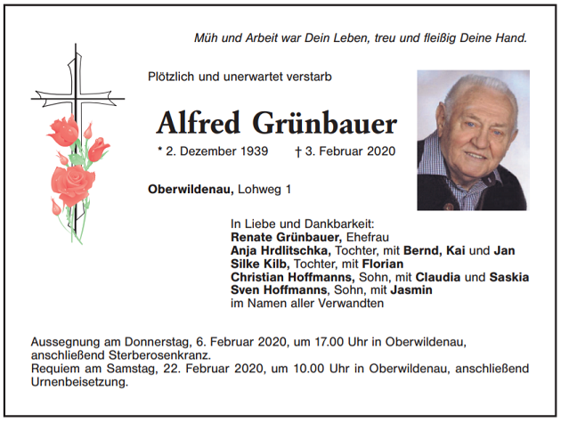 Traueranzeige Alfred Grünbauer Oberwildenau