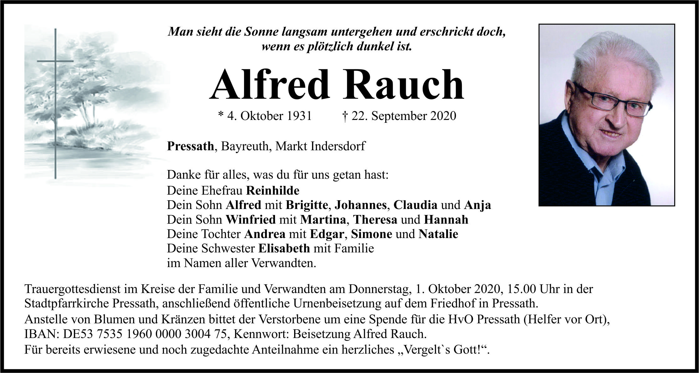 Traueranzeige Alfred Rauch, Pressath