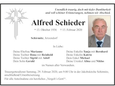 Traueranzeige Alfred Schieder 400, Schirmitz