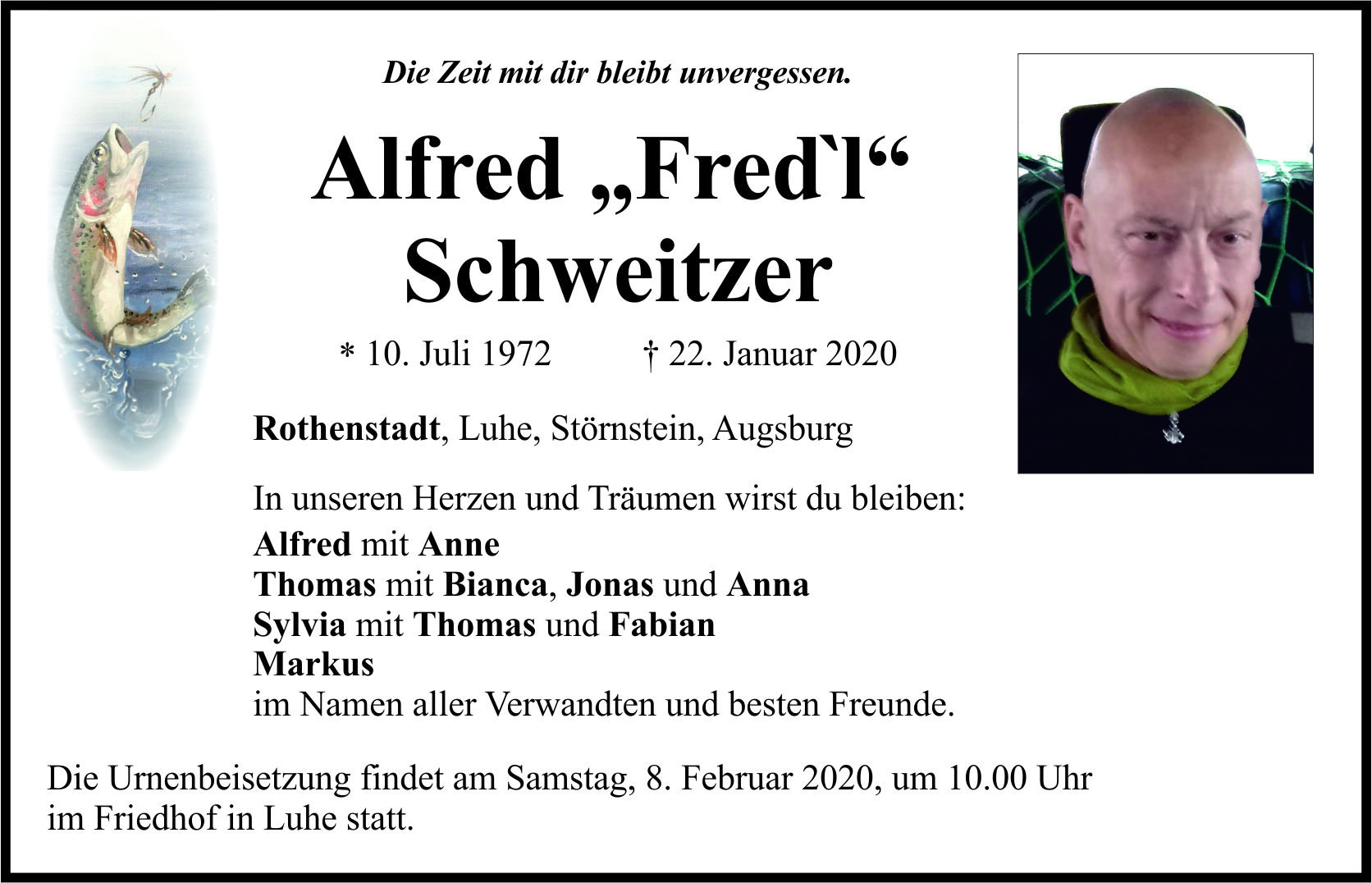 Traueranzeige Alfred „Fred´l“ Schweitzer, Rothenstadt