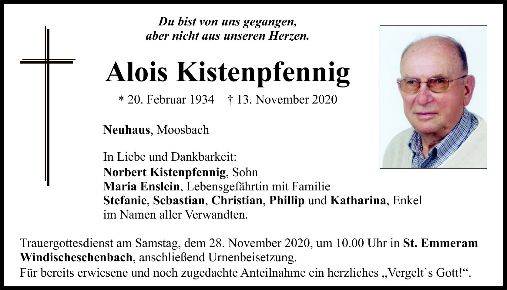Traueranzeige Alois Kistenpfenning, Neuhaus
