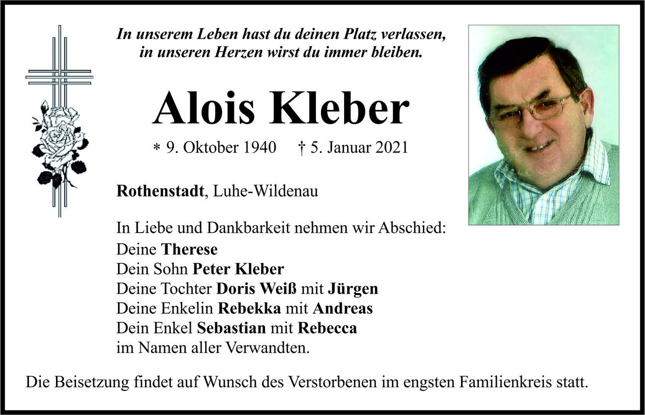 Traueranzeige Alois Kleber, Rothenstadt