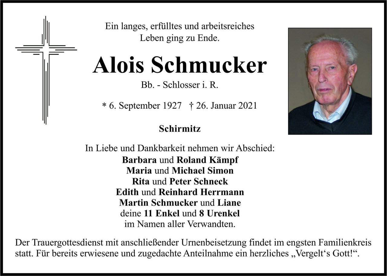 Traueranzeige Alois Schmucker, Schirmitz
