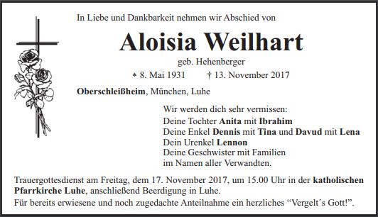 Traueranzeige Aloisia Weilhart, Luhe