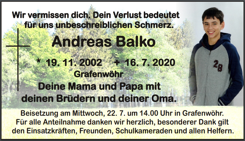 Traueranzeige Andreas Balko, Grafenwöhr
