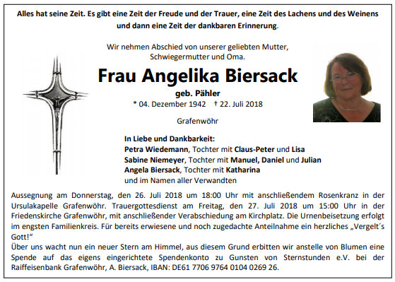 Traueranzeige Angelika Biersack Grafenwöhr