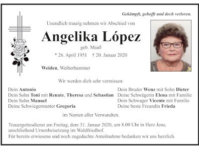 Traueranzeige Angelika Lopez. Weiden Weiherhammer 400 300