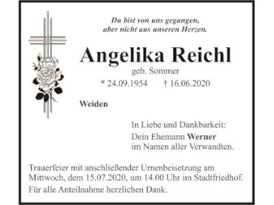 Traueranzeige Angelika Reichl, Weiden 400 300