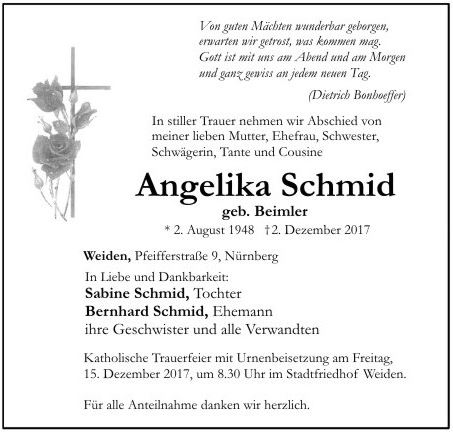 Traueranzeige Angelika Schmid Weiden
