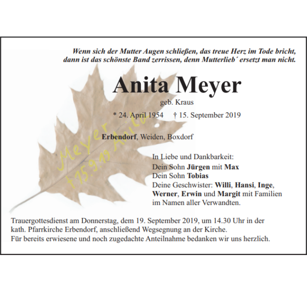 Traueranzeige Anita Meyer Erbendorf