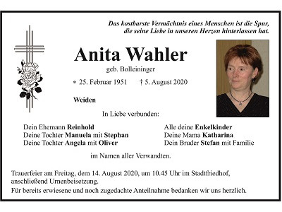 Traueranzeige Anita Wahler Weiden 400x300