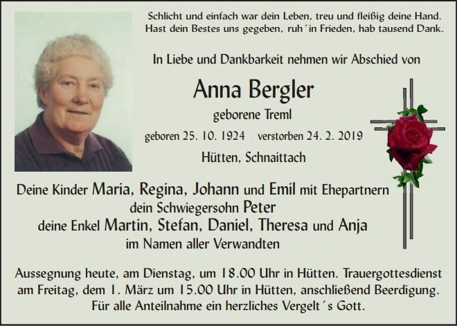 Traueranzeige Anna Bergler Hütten