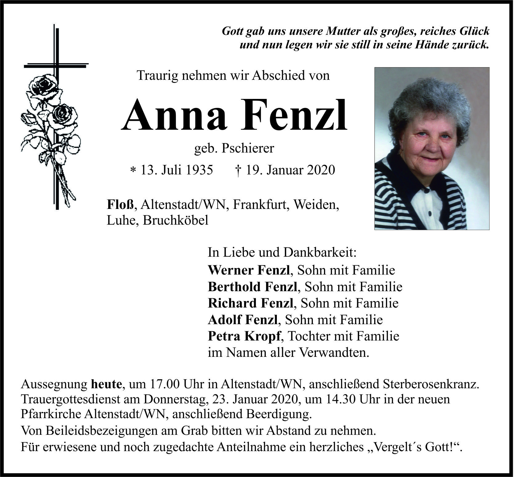 Traueranzeige Anna Fenzl, Floß